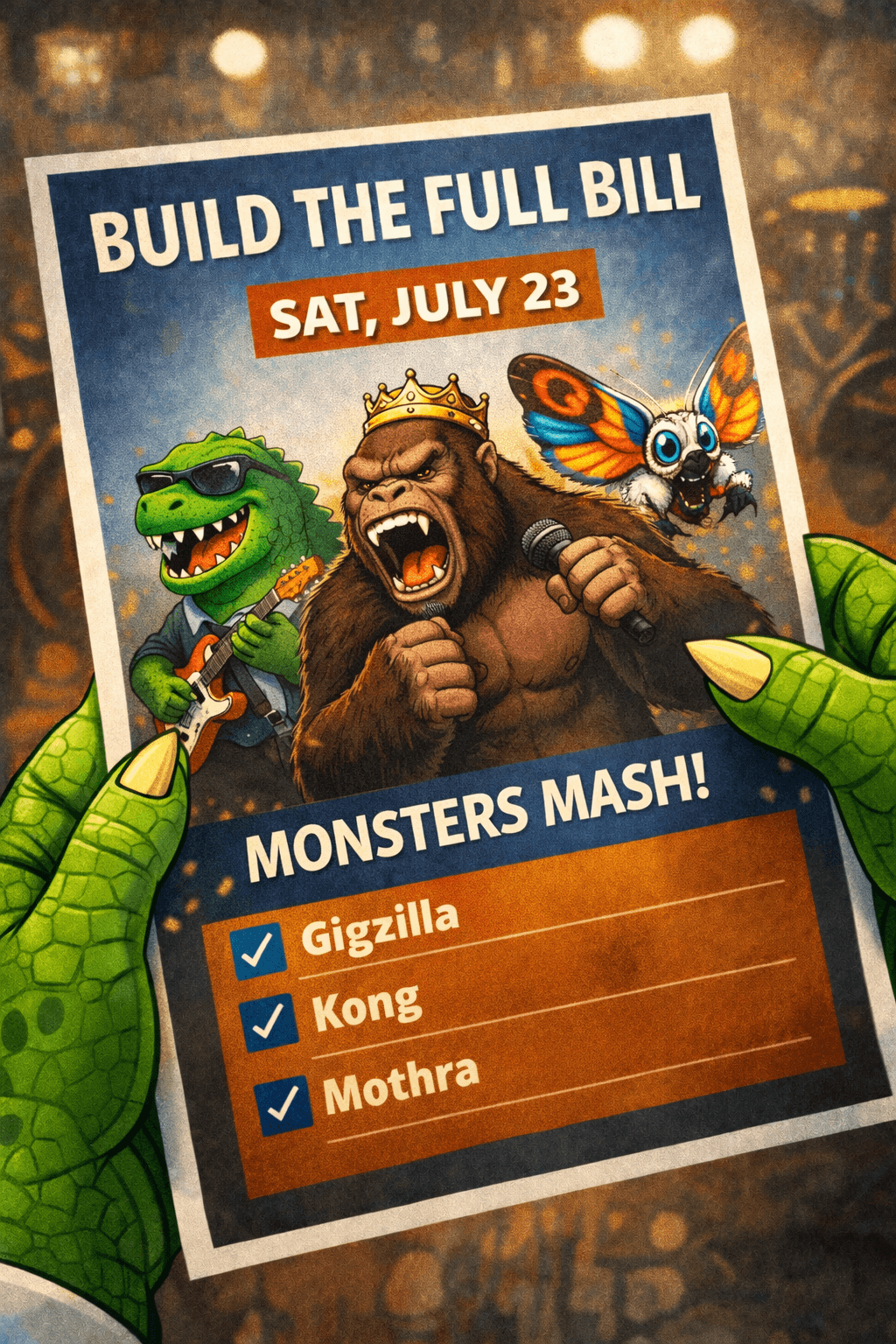 Collage of app screens showing multi-artist bills and riders